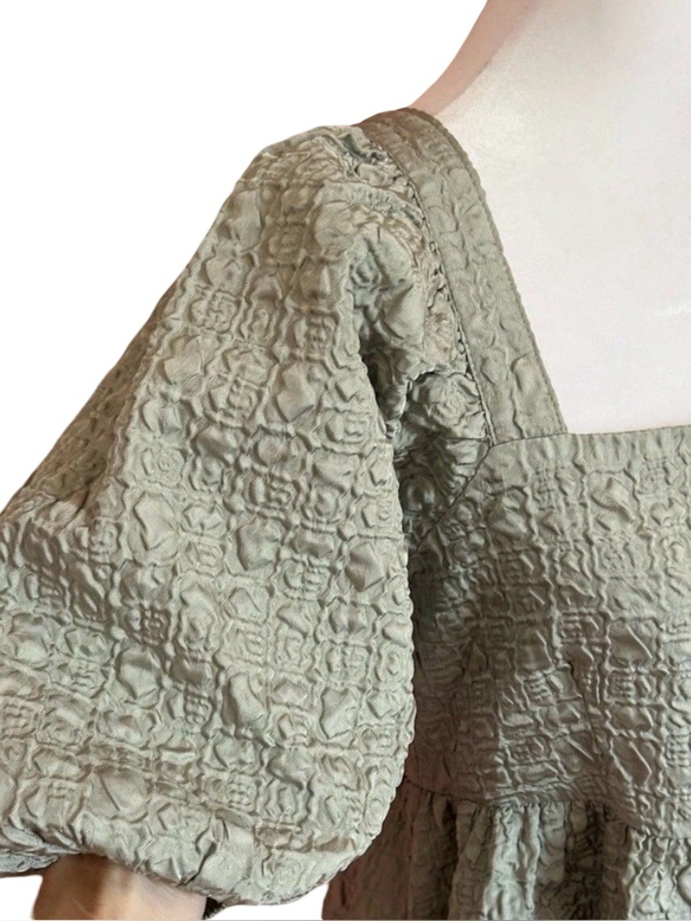 Sage Textured Babydoll Dress Puff Sleeve Square Neck Cottagecore Romantic NWT L - Picture 6 of 10
